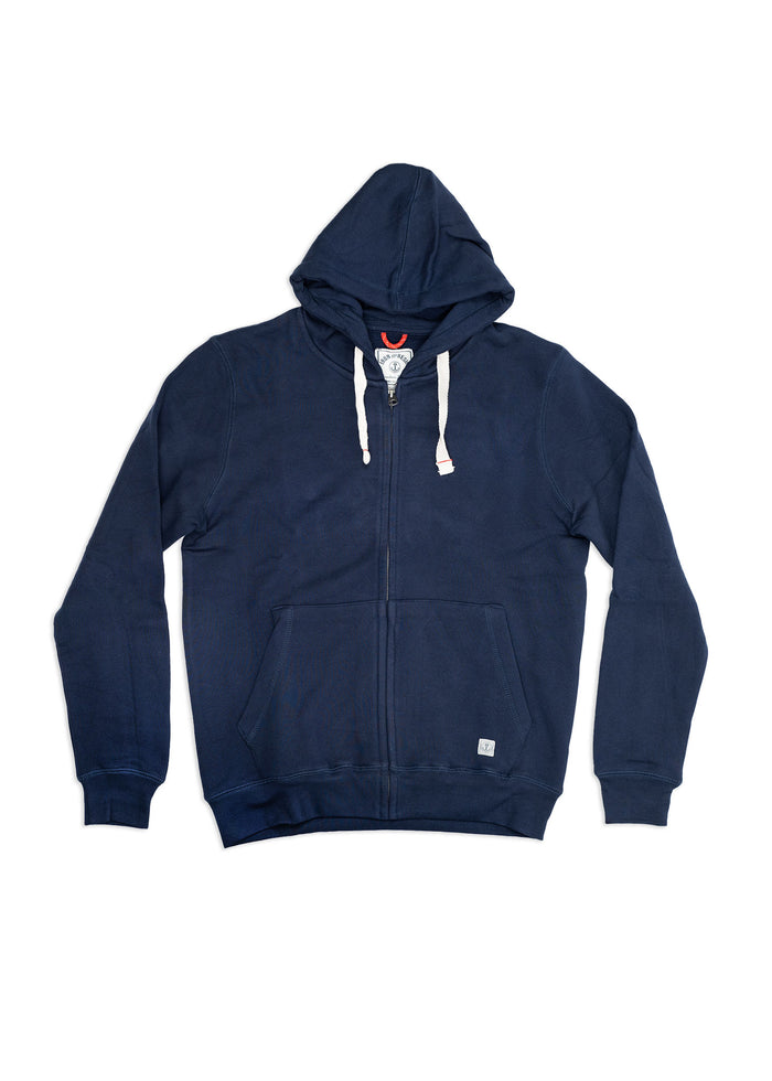 Navy blue zip-up hoodie with white drawstrings and front pockets, laid flat on a white background, showcasing casual style.