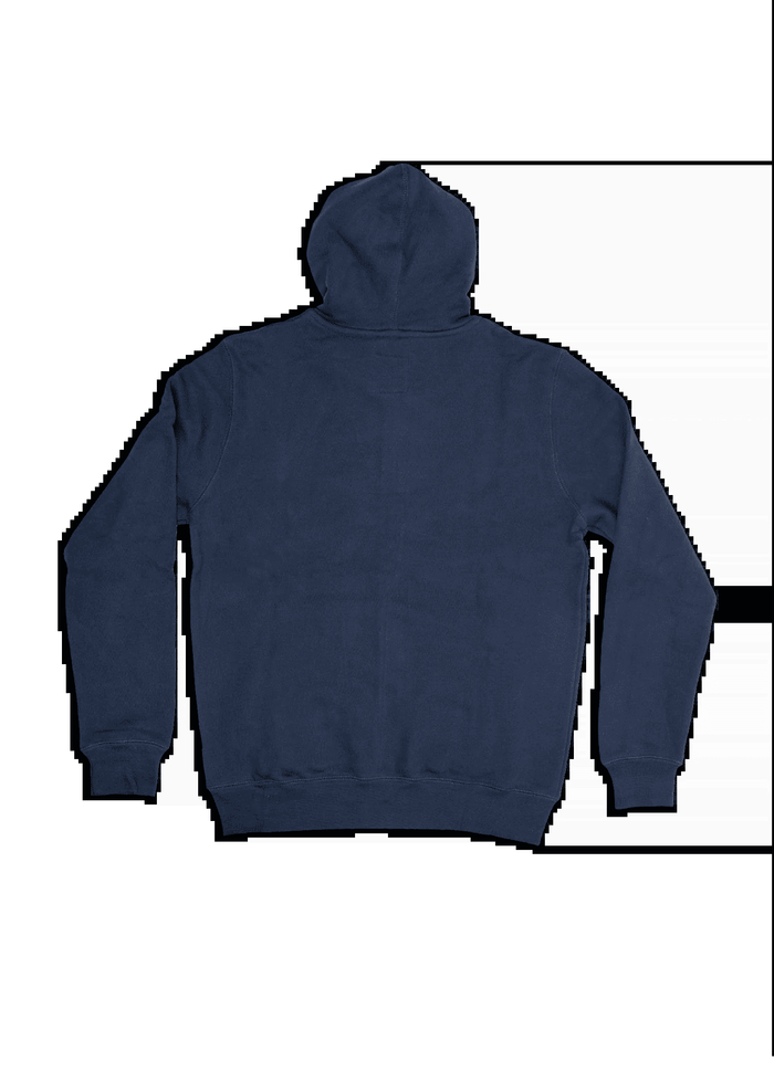 A navy blue hoodie is laid flat, showing the back with a hood and long sleeves, highlighting its casual style and simplicity.