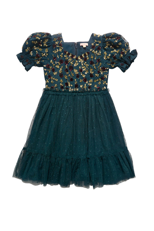 Teal dress with floral pattern on a white background
