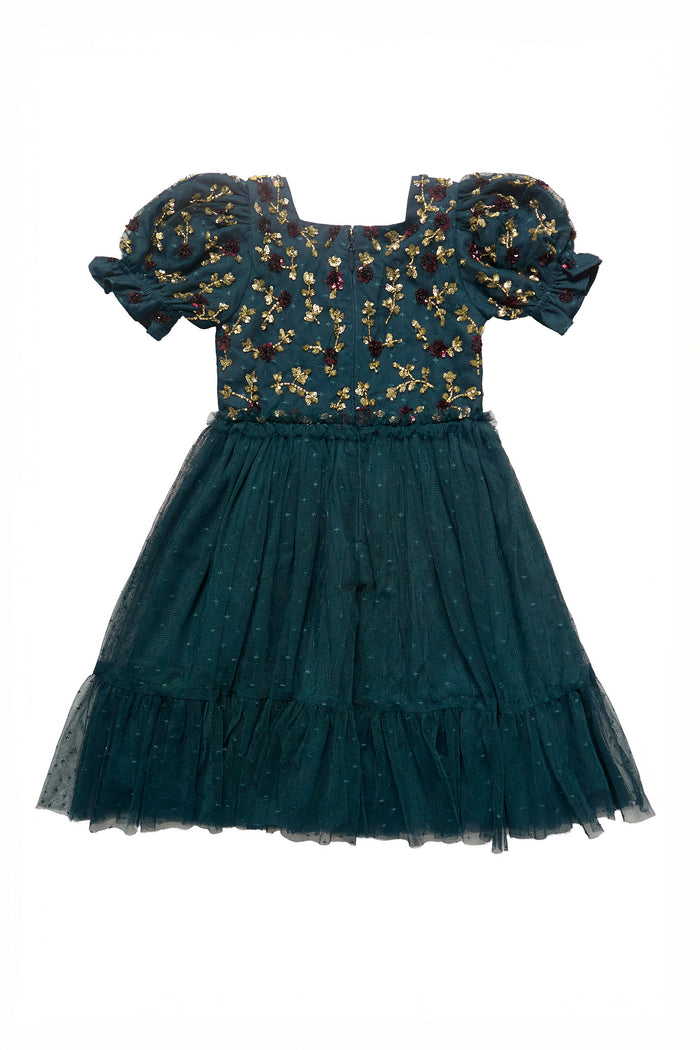Teal dress with floral embroidery on a white background
