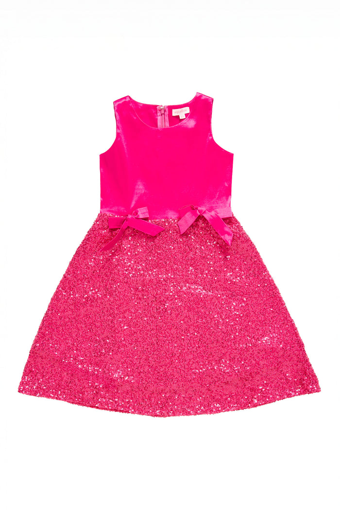 Pink glitter dress with a bow on a white background
