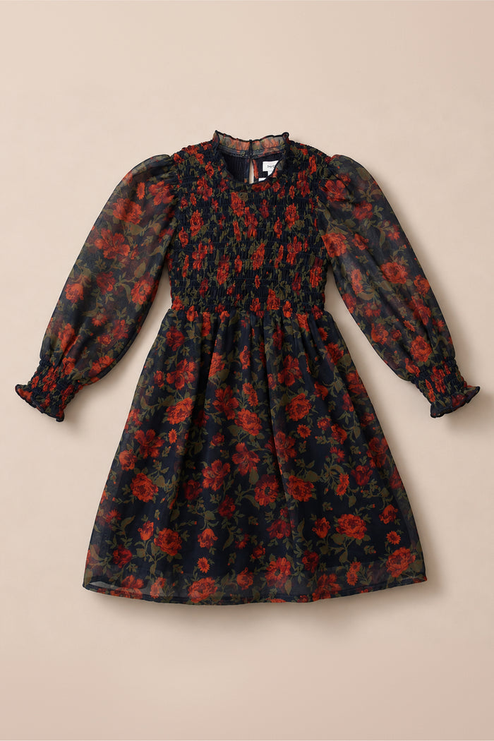 The Mini Linden Dress in Scarlet Blooms by Ivy City Co is a long-sleeved, knee-length girls’ dress with a black base and vibrant red floral print. It features a smocked bodice, sheer balloon sleeves with ruffled cuffs, and a ruffled neckline for a classic and elegant look.