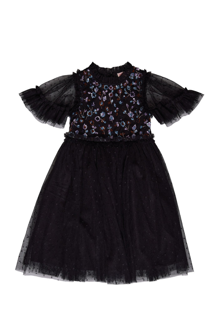Black dress with floral detail against a white background