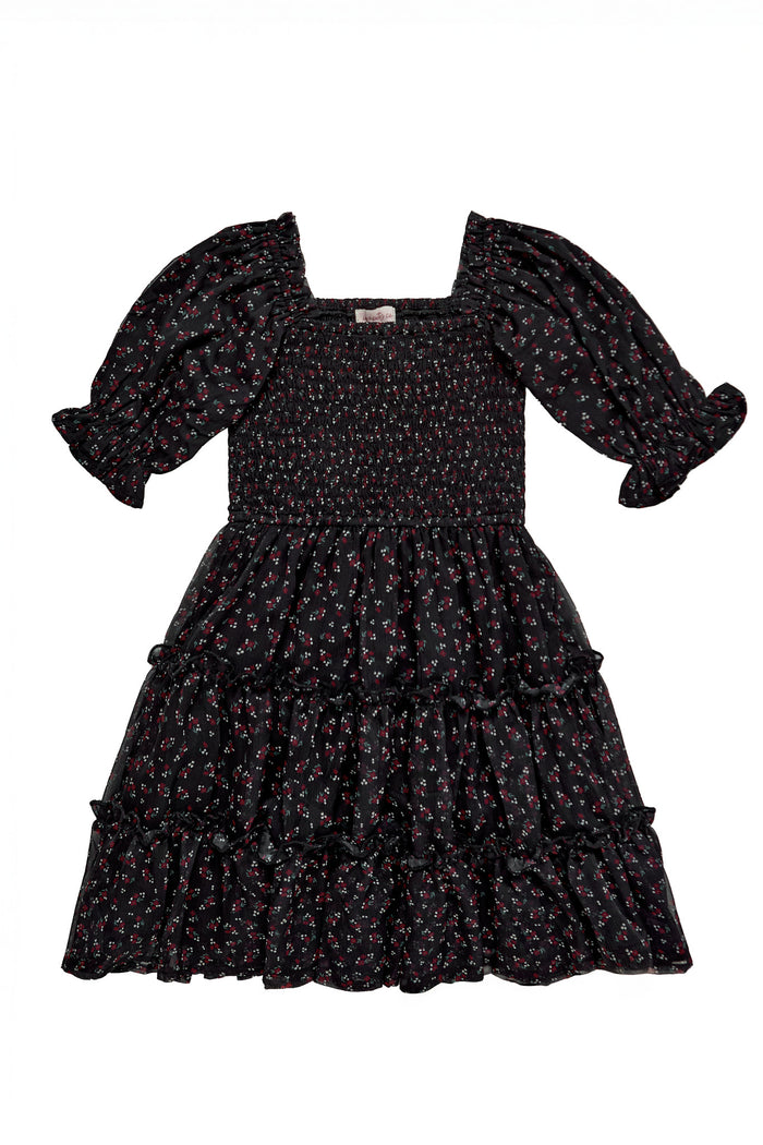 Black floral dress with puffed sleeves on a white background
