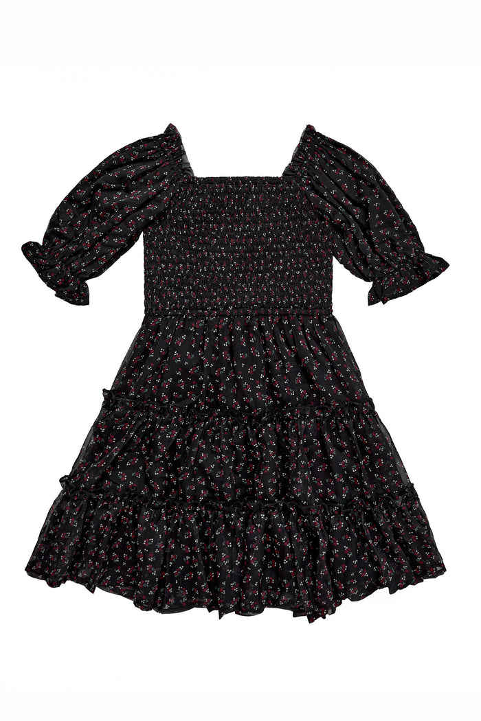 Black floral dress with puff sleeves on a white background
