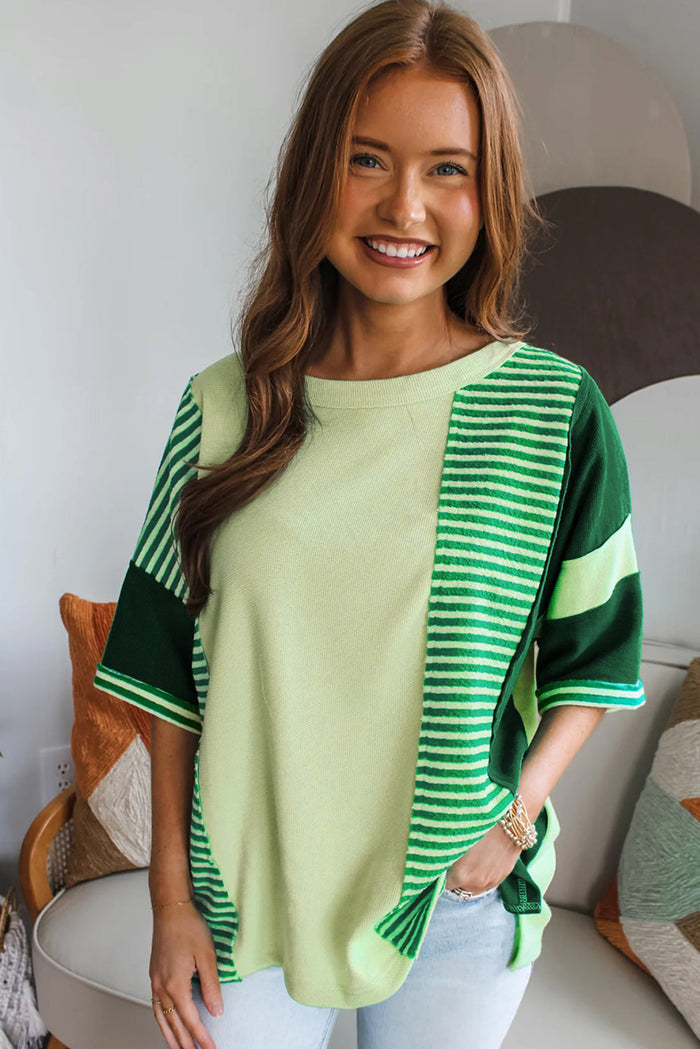 Mint Green Striped Patchwork Textured Colourblock 3/4 Sleeve Knit Top - Tops/Tops & Tees