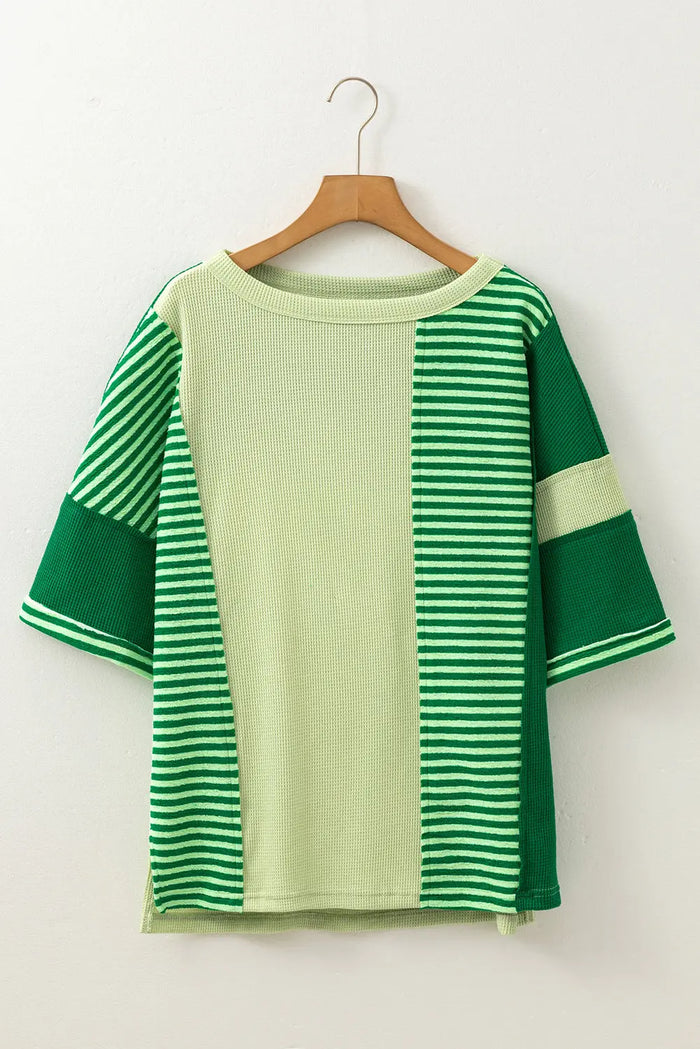 Mint Green Striped Patchwork Textured Colourblock 3/4 Sleeve Knit Top - Tops/Tops & Tees