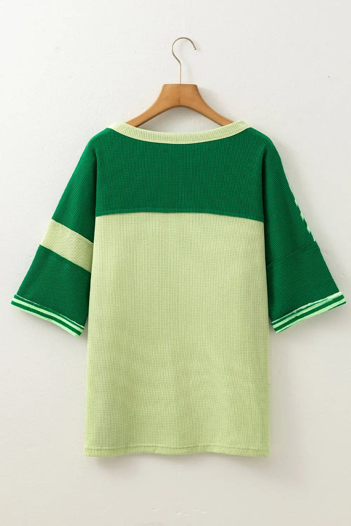Mint Green Striped Patchwork Textured Colourblock 3/4 Sleeve Knit Top - Tops/Tops & Tees