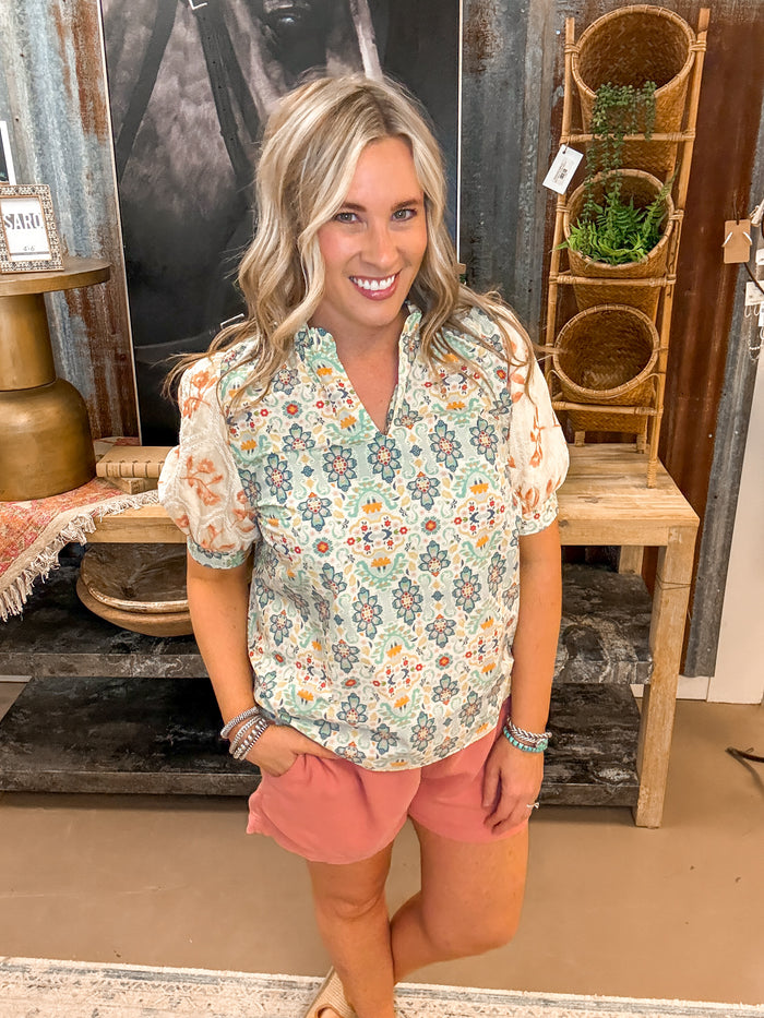 MINT/LEMON RUFFLED NECK BLOUSE