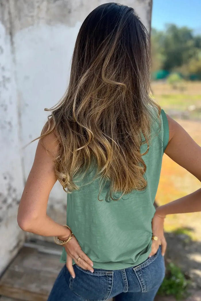 Mist Green Metallic Sheen Edge Scoop Neck Sleeveless Top - Tops/Vest Tops