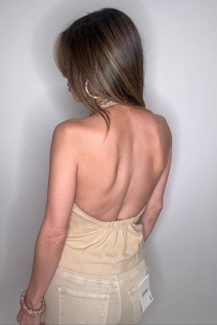Style the Mixed Media Open Back Halter Top exclusively at Born To Glam