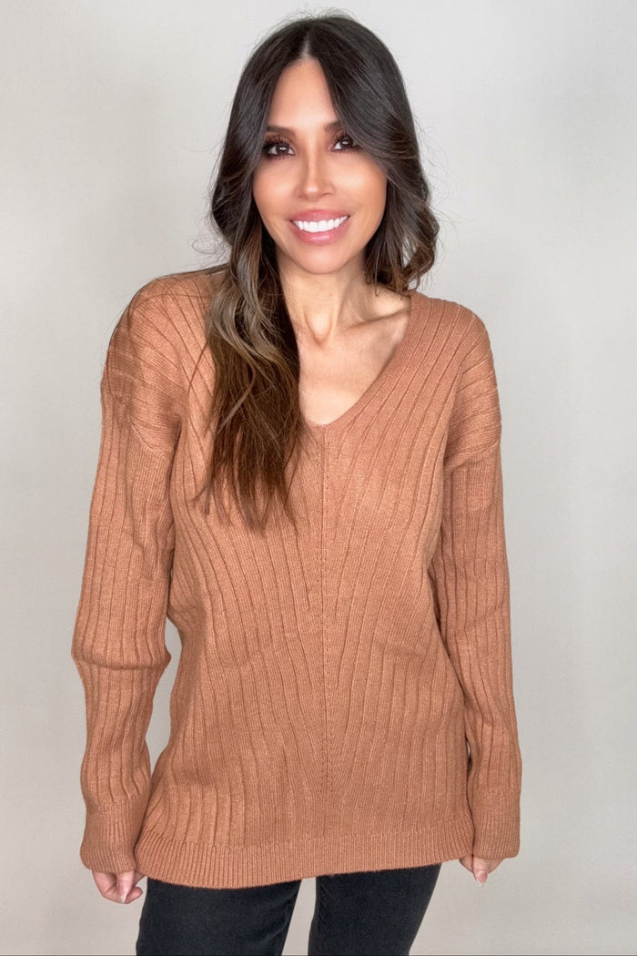 Style the Mocha V-Neck Drop Shoulder Ribbed Knitted Sweater exclusively at Born To Glam