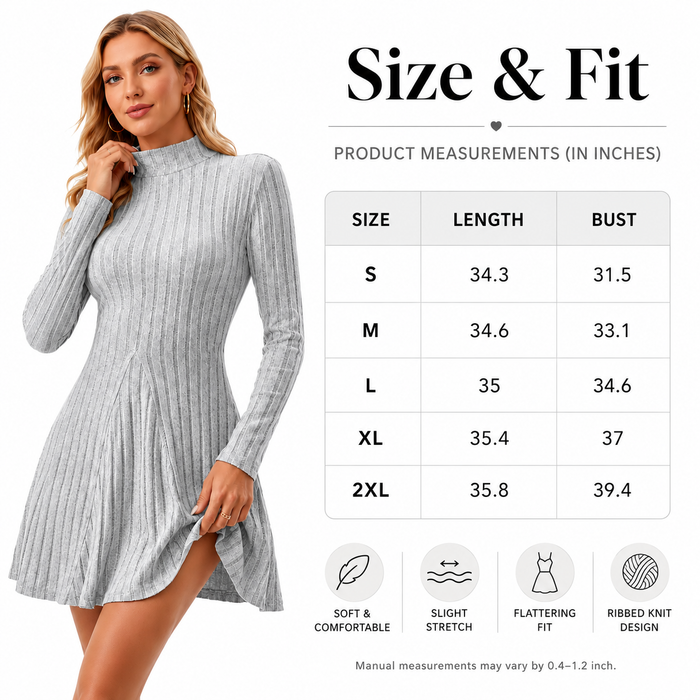 Women's mock neck dress with ribbed texture, long sleeves and a mini hem, made from 95% polyester and 5% spandex for styling.