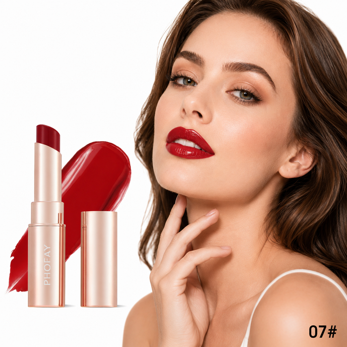 PHOFAY lipstick shade display with refined rose gold tube and smooth finish