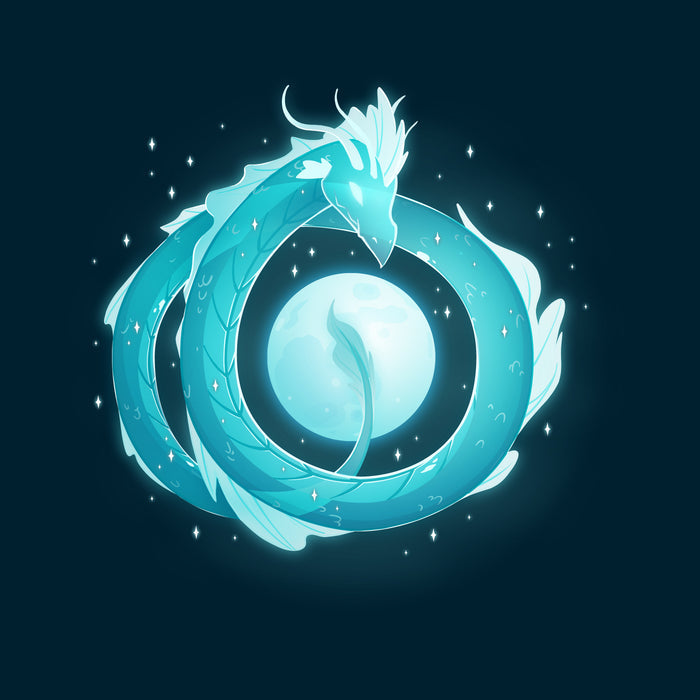 Premium Cotton T-shirt_TeeTurtle navy blue Moonshadow Drake apparel featuring a ghostly dragon coiled in the sky with the full moon showing through the circular space created by its coils.