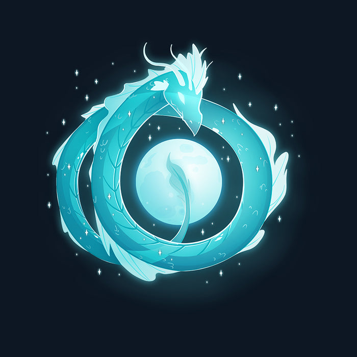 Crew Neck Sweatshirt_TeeTurtle navy blue Moonshadow Drake apparel featuring a ghostly dragon coiled in the sky with the full moon showing through the circular space created by its coils.