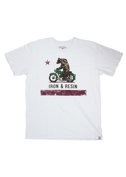 White T-shirt with a bear riding a green motorcycle, a star above, and "Iron & Resin" text below. Simple, bold graphic design.