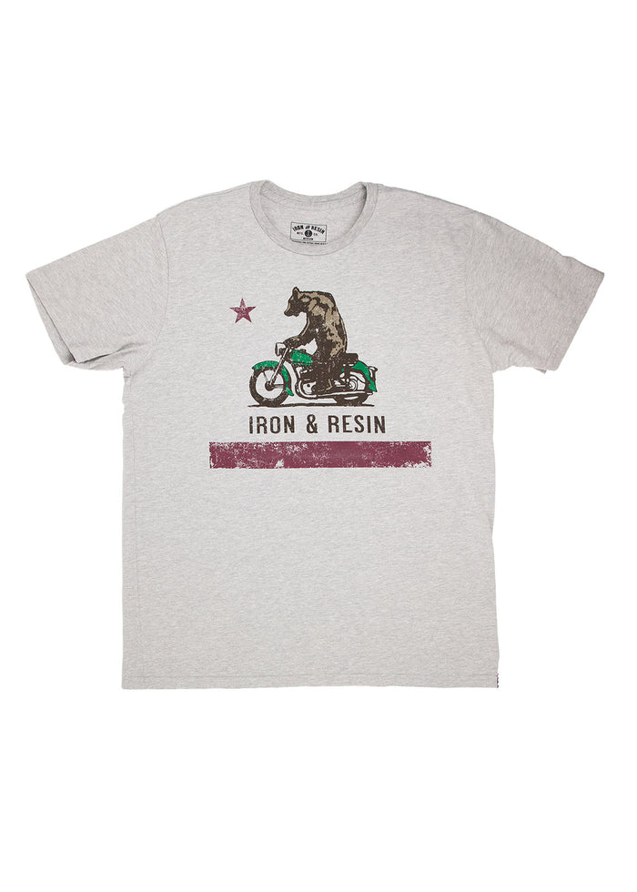 Gray T-shirt with a bear riding a motorcycle, a star, and "IRON & RESIN" text. The design is vintage-style and colorful.