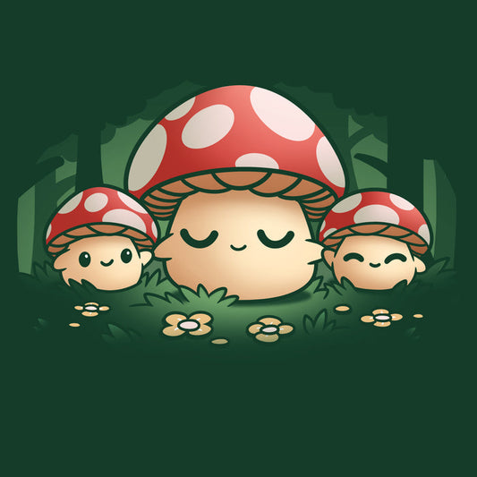 Premium Cotton T-shirt_TeeTurtle forest green Mush Mom apparel featuring a parent mushroom holding the hands of its children mushroom in a forest.