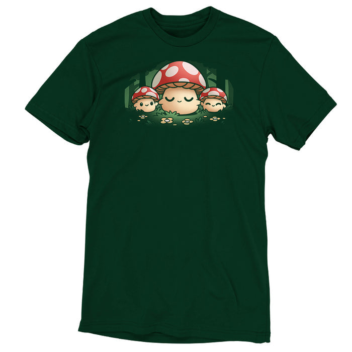 Premium Cotton T-shirt_TeeTurtle forest green Mush Mom apparel featuring a parent mushroom holding the hands of its children mushroom in a forest.