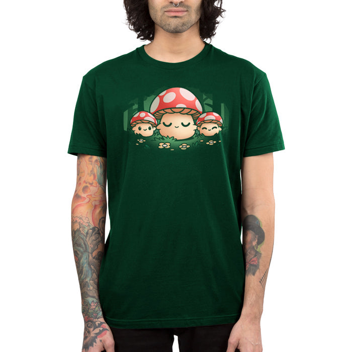 Premium Cotton T-shirt_TeeTurtle forest green Mush Mom apparel featuring a parent mushroom holding the hands of its children mushroom in a forest.