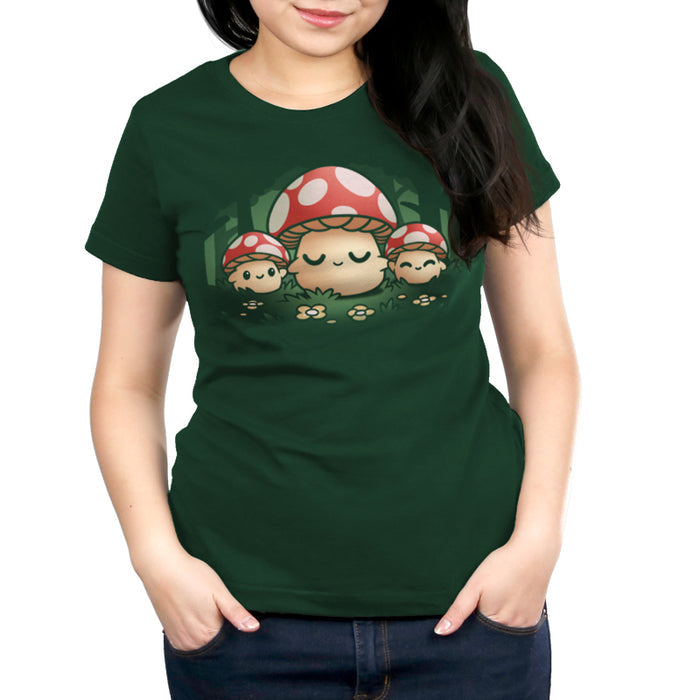 Premium Cotton T-shirt_TeeTurtle forest green Mush Mom apparel featuring a parent mushroom holding the hands of its children mushroom in a forest.