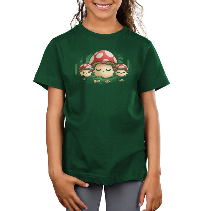 Premium Cotton T-shirt_TeeTurtle forest green Mush Mom apparel featuring a parent mushroom holding the hands of its children mushroom in a forest.