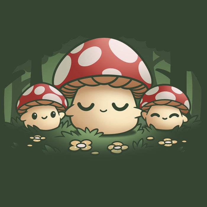 Classic Cotton T-shirt_TeeTurtle forest green Mush Mom apparel featuring a parent mushroom holding the hands of its children mushroom in a forest.
