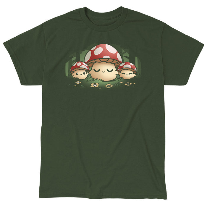 Classic Cotton T-shirt_TeeTurtle forest green Mush Mom apparel featuring a parent mushroom holding the hands of its children mushroom in a forest.
