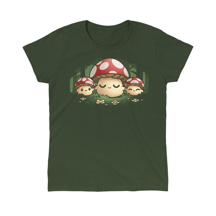 Classic Cotton T-shirt_TeeTurtle forest green Mush Mom apparel featuring a parent mushroom holding the hands of its children mushroom in a forest.