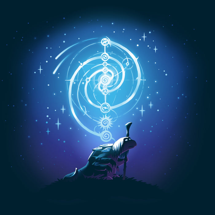 Premium Cotton T-shirt_TeeTurtle navy blue Mystical urRu apparel featuring an urRu holding a staff on a hilltop looking into the distance with mystical celestial circular patterns above it against a starry background.