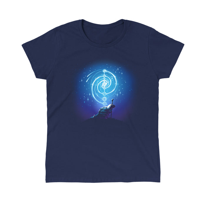 Classic Cotton T-shirt_TeeTurtle navy blue Mystical urRu apparel featuring an urRu holding a staff on a hilltop looking into the distance with mystical celestial circular patterns above it against a starry background.
