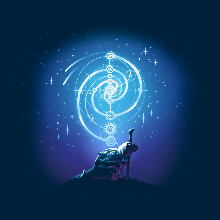 Long Sleeve T-shirt_TeeTurtle navy blue Mystical urRu apparel featuring an urRu holding a staff on a hilltop looking into the distance with mystical celestial circular patterns above it against a starry background.