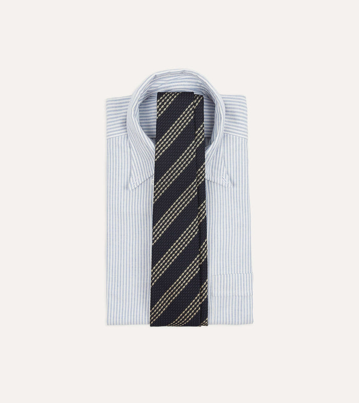 Navy and Silver Stripe Hand Rolled Large Knot Grenadine Tie