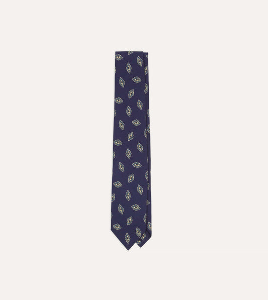 Navy Diamond Flower Print Silk Self-Tipped Tie