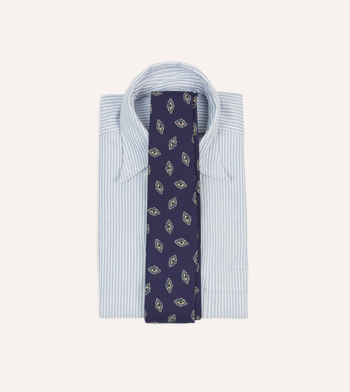 Navy Diamond Flower Print Silk Self-Tipped Tie