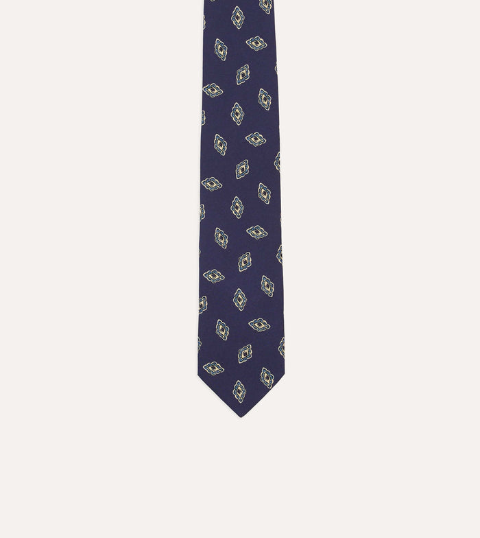 Navy Diamond Flower Print Silk Self-Tipped Tie
