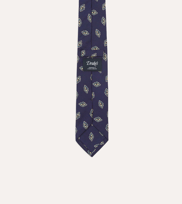 Navy Diamond Flower Print Silk Self-Tipped Tie