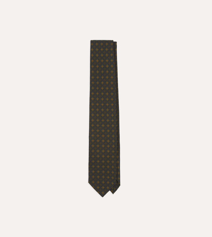 Navy Square Floral Medallion Print Wool-Silk Self Tipped Tie