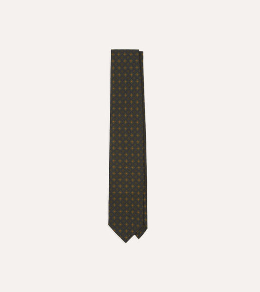 Navy Square Floral Medallion Print Wool-Silk Self Tipped Tie