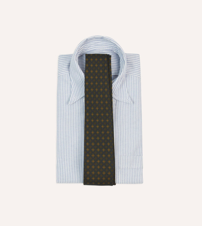 Navy Square Floral Medallion Print Wool-Silk Self Tipped Tie