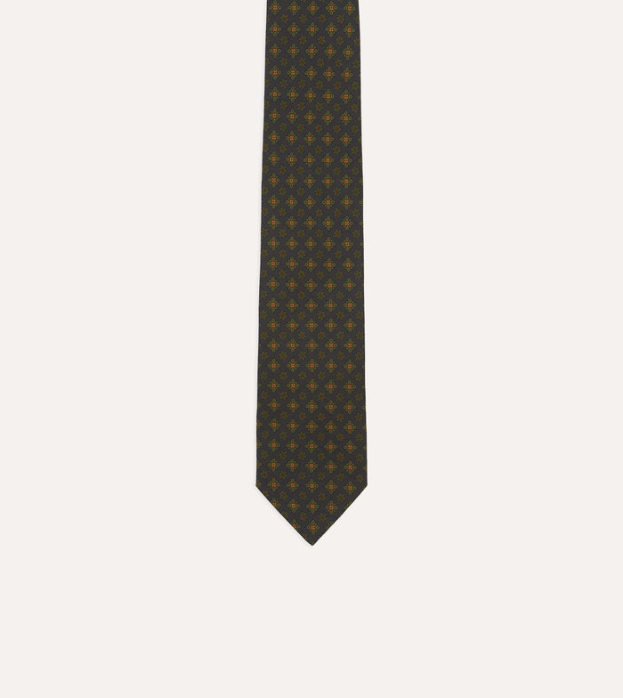 Navy Square Floral Medallion Print Wool-Silk Self Tipped Tie