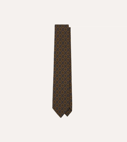 Navy Square Flower Medallion Print Wool-Silk Self Tipped Tie