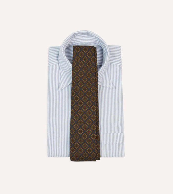 Navy Square Flower Medallion Print Wool-Silk Self Tipped Tie