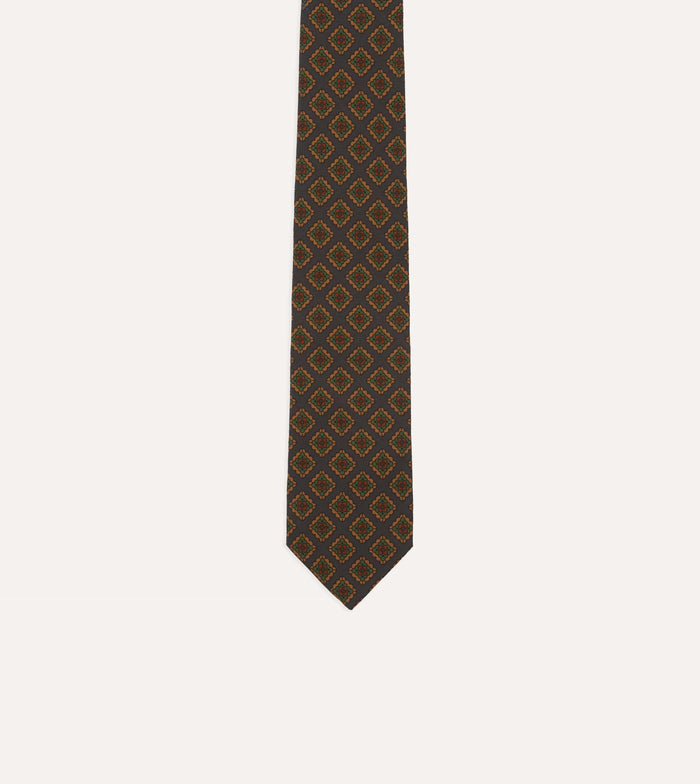 Navy Square Flower Medallion Print Wool-Silk Self Tipped Tie