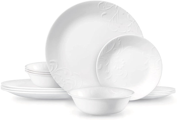 ❤️ NEW 12-pc Corelle MADELINE DINNERWARE SET White Embossed Floral Cherish