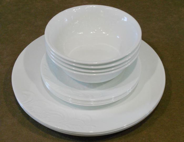❤️ NEW 12-pc Corelle MADELINE DINNERWARE SET White Embossed Floral Cherish
