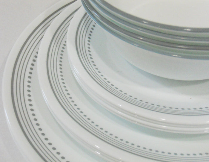NEW 16-pc Corelle MYSTIC GRAY Dinnerware Set BORDER of SOFT GREY BANDS & DOTS