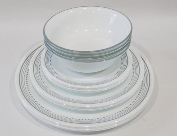 NEW 16-pc Corelle MYSTIC GRAY Dinnerware Set BORDER of SOFT GREY BANDS & DOTS