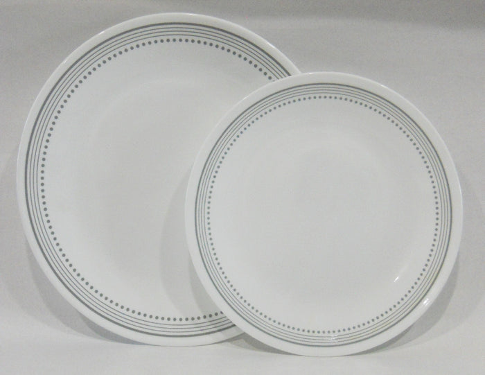 NEW 16-pc Corelle MYSTIC GRAY Dinnerware Set BORDER of SOFT GREY BANDS & DOTS